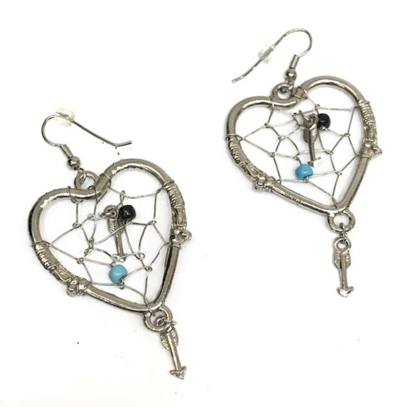 Silver Heart Dream Catcher Dangle Earrings - Picture 1 of 8